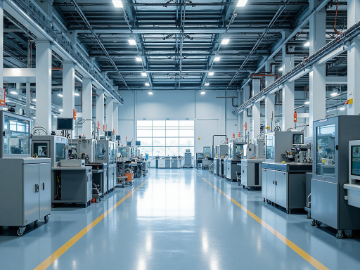 现代化电子工厂车间内部，工人操作精密设备，蓝色工业背景，明亮自然光