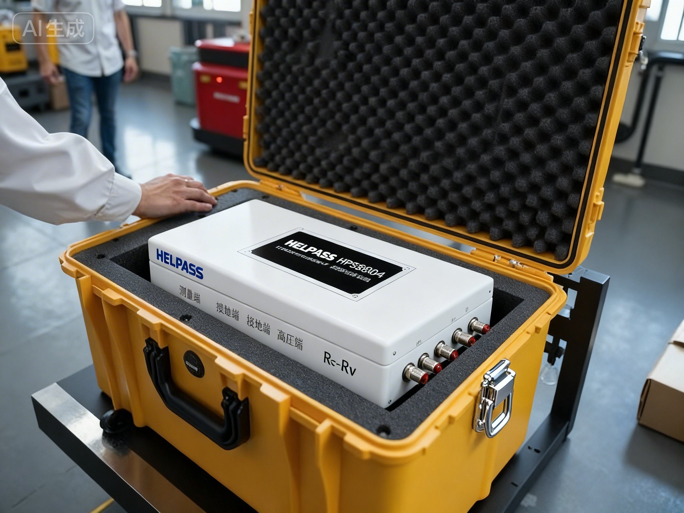 绝缘表面体积电阻率测试仪特写，白色塑料外壳，精密测试夹具，实验室背景