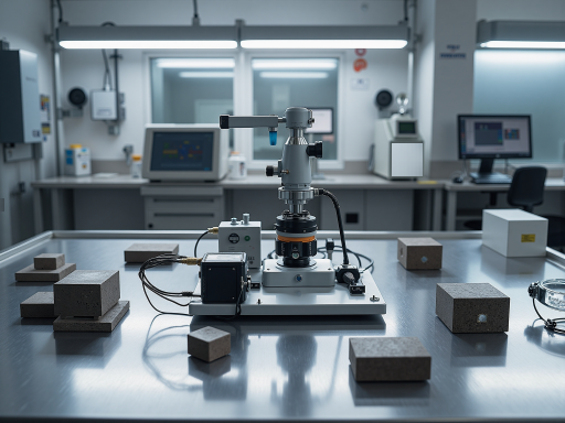 粉末电阻率测试仪特写，不锈钢测试腔体，精密机械结构，实验室环境，明亮自然光